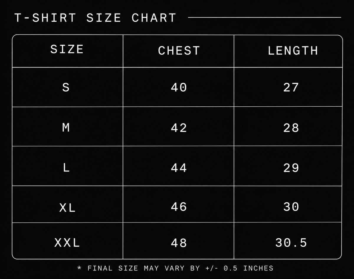 VEERE TEE Oversized Fit Size Chart