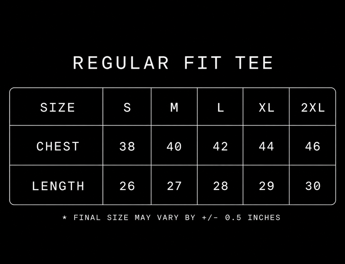 VEERE TEE Regular Fit Size Chart