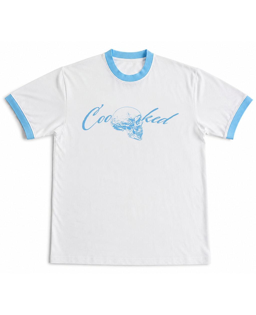 White & Sky Blue Ringer tee Front Design