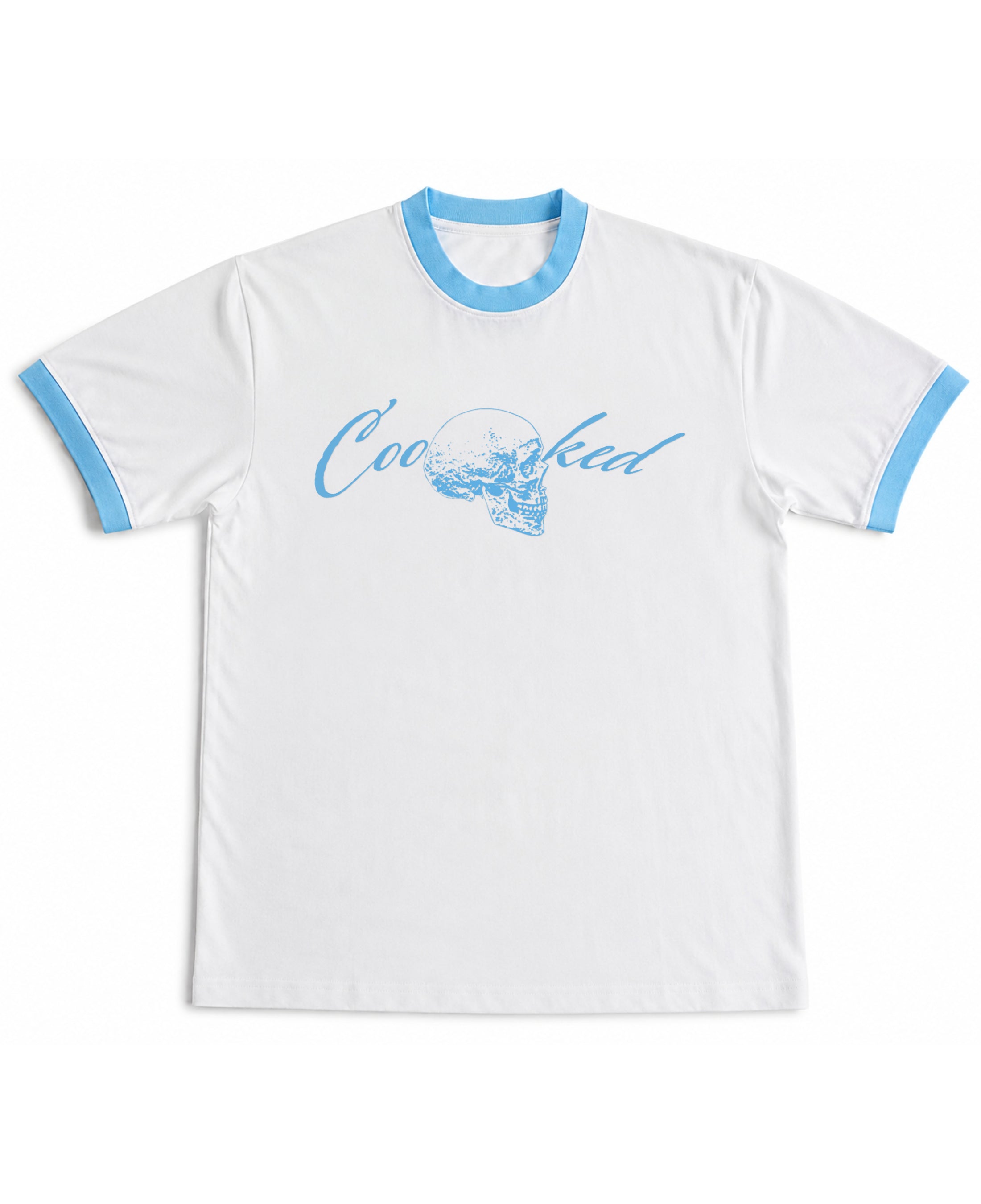 White & Sky Blue Ringer tee Front Design